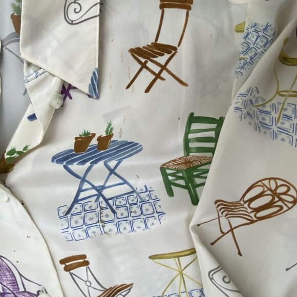 Ishyu Womens 8 Whimsical Silk Button-Down Shirt Colorful Chair Table Print VTG - Picture 14 of 15